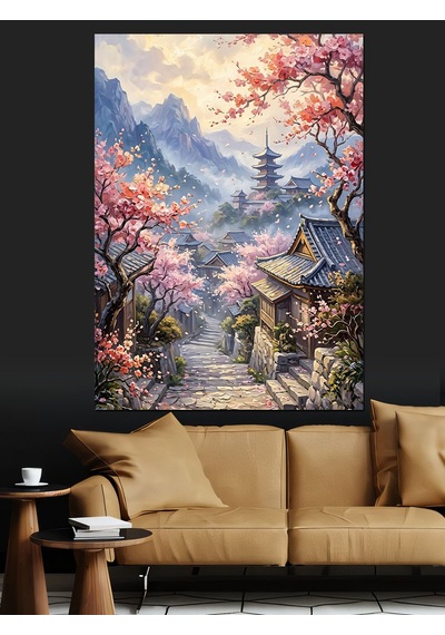 Sakura Dalları Arasında Japon Köyü Dekoratif Kanvas - Mdf Ahşap Tablo