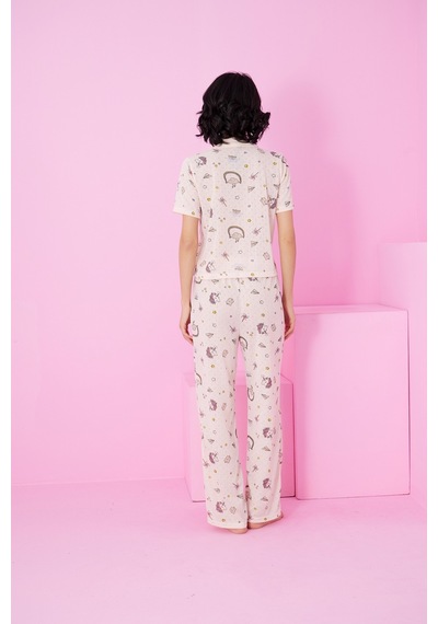 Siyah İnci Pointel Ajurlu/delikli Gömlek Yaka Örme Düğmeli Pijama Takım Somon Unicorn