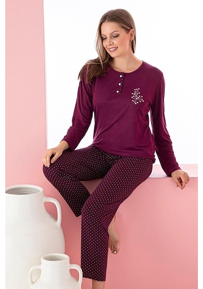 Farya Home Dreamy Uzun Kollu Desenli Düğmeli Yaka Pijama Takımı Mürdüm