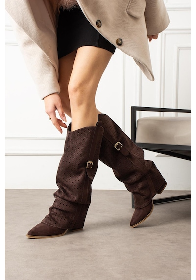 Shoetek Lovse Kadın Çizme Kovboy Körüklü Yandan Tokalı Lazer Kesimli Kahverengi Süet Kahve Süet Shoetek Lovse Kadın Çizme Kovboy Körüklü Yandan Tokalı Lazer Kesimli Kahverengi Süet Kahve Süet
