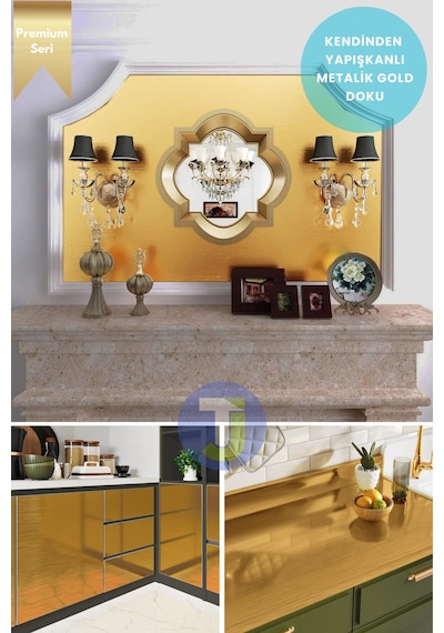 Technojet Kendinden Yapışkanlı Metalik Folyo Mutfak Banyo Tezgah Duvar Dolap Masa Kaplama 60cmx100cm Gold