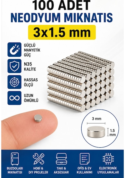 100 Adet Neodyum Mıknatıs 3x1,5 Mm N35 Güçlü Yuvarlak Magnet Mini Disk Mıknatıs