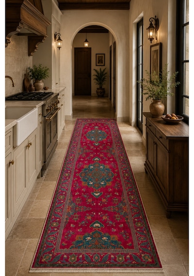 Oriental Garden Fuşya Petrol Çiçek Ve Kuş Desenli Dekoratif Halı 3044-1 Bordo