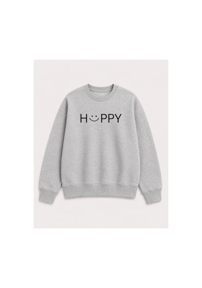 Herkesemoda Hüppy Baskı Detaylı Şardonlu 2 İplik Bisiklet Yaka Sweatshirt Gri