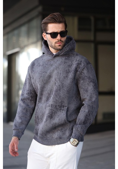 Madmext Füme Desenli Kapüşonlu Erkek Sweatshirt E7167 Füme