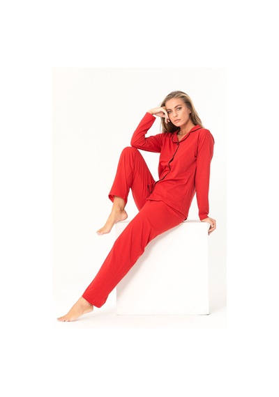 SUDE HOMEWEAR Düğmeli Pijama Takımı Kırmızı
