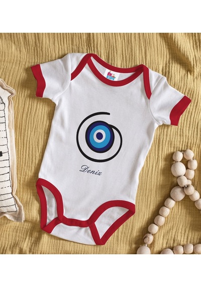 Bk Gift Bk Kids Kişiye Özel Nazar Boncuğu Tasarımlı Kırmızı Bebek Body Zıbın-3 Çok Renkli