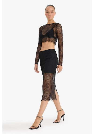 DeFacto Slim Fit Dar Kesim Astarlı Midi Dantelli Etek E0465AX24AUBK81 Siyah