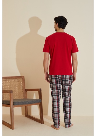 Siyah İnci Bisiklet Yaka Baskılı Örme Pijama Takım 25109828 Kırmızı