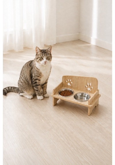 Ahşap Kedi Köpek Mama Su Kabı Standı, Metal Suluk, Kedi Köpek Halısı