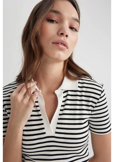 Defacto Fitted Çizgili Polo Yaka Kısa Kollu Tişört A0380AX23SM Beyaz