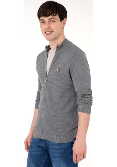 U.S. Polo Assn. Erkek Triko Hırka Pamuk 2227188 Gri Melanj