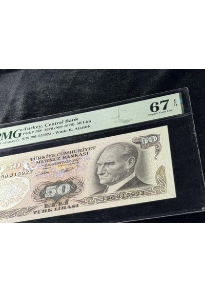 Türk Lirası Pmg 67 Epq Superb Gem Unc 50 Lira P 188 1970 Nd 1976 S/n I90 6. Emisyon 2. Tertip