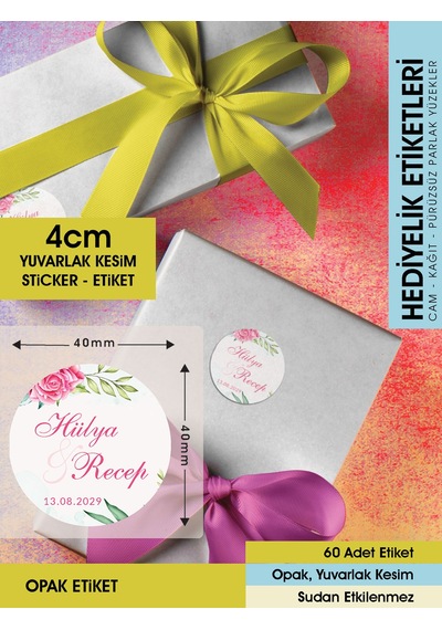 Pembe Gül Etiket Modeli, Ürünlerinize Özel 4cm - 60 Adet Opak Sticker Renkli