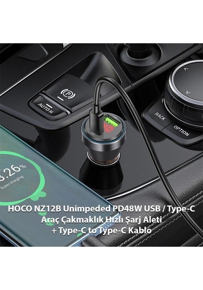Hoco Nz12b Unimpeded Pd48w Usb + Type-c Araç Çakmaklı Hızlı Şarj Aleti + Type-c To Type-c Kablo- 5775 Standart 73580946