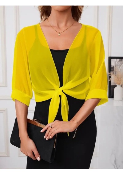 Veraura Lifestyle Kadın Truvakar Kollu Önden Bağlamalı Kısa Şifon Bolero Ceket Sarı