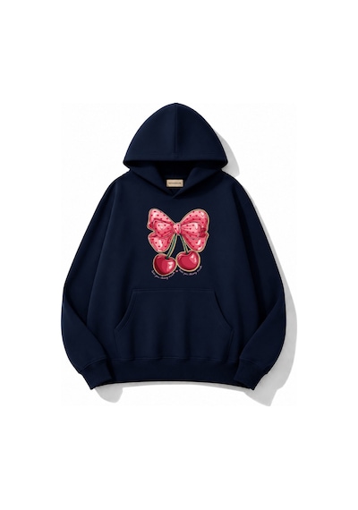 Herkesemoda Kurdele Kiraz Baskılı Kapüşonlu 2 İplik Şardonlu Sweatshirt Lacivert