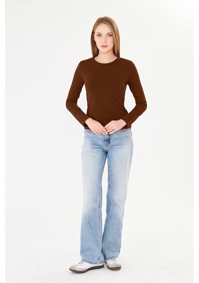 Sortie Collection Bisiklet Yaka Pamuklu Uzun Kollu Basic Penye Tişört Bluz Kahverengi