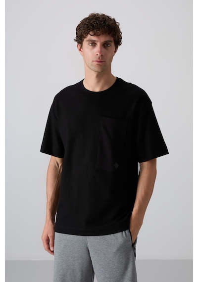 Tommy Life Siyah Pamuklu Kalın Yüzeyi Dokulu Oversize Fit Basic Erkek T-shirt - 88341 001