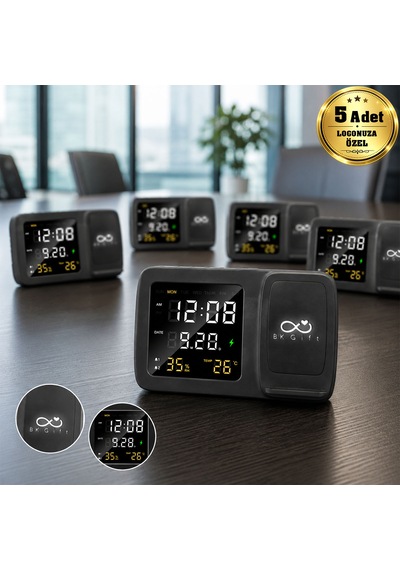 Logonuza Özel 5 Adet 4230 Wireless Şarj Cihazı Ve Dijital Saat - Led Logolu