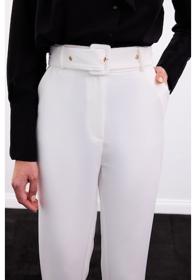 Sateen Kemerli Pantolon - Ekru-136910 Ekru