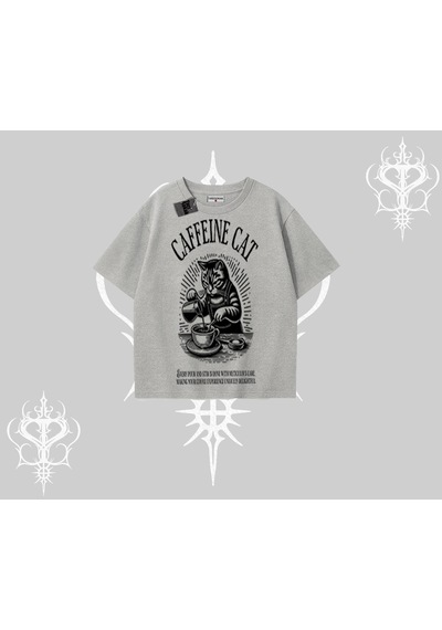 Startmore Startmore Oversize Tshirt Caffeine Cat Kahve Temalı Kedi Baskılı Gri