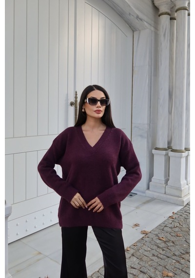 Kechi Woman V Yaka Oversize Triko Kazak Bordo