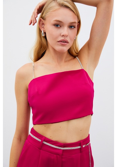 Sateen Taş Askılı Saten Crop Bluz - Mercan-134982 MERCAN