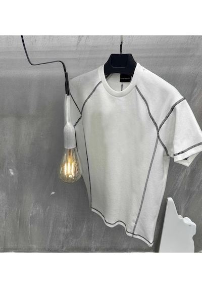 Unisex Karoyaka Dikişli Oversize T-shirt - Beyaz Beyaz