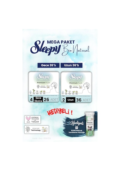 Sleepy Bio Natural Uzun 36, Gece 26 Adet Mega Paket Ve Rosie Pamuk