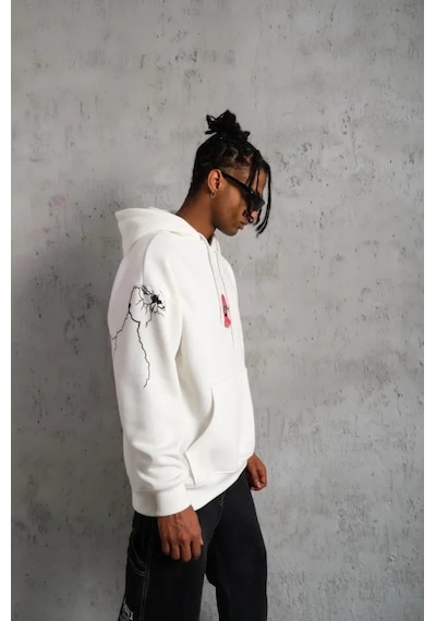 Veraura Lifestyle Erkek Maske Baskılı Kapüşonlu Sweat - Beyaz