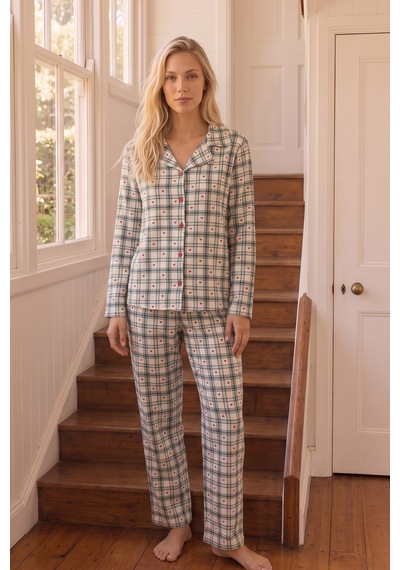 Siyah İnci Desenli Termal Kumaşlı Ultra Soft Yumuşak Düğmeli Örme Pijama Takımı 26226821 Ekru