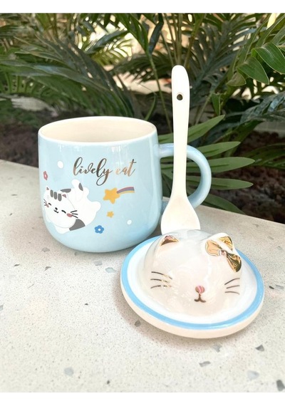 Kawai 3d Kedi Kapaklı Kaşıklı Kupa Bardak Mavi