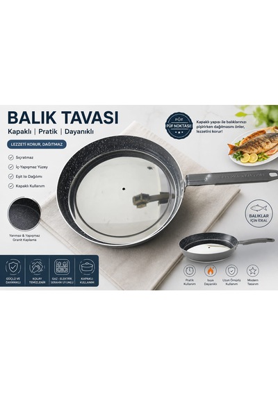 Alimunyum Granit Kaplama Kapaklı Balık Tavası 30 Cm