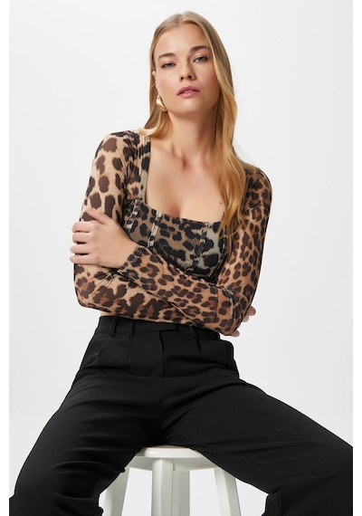 Ritnice Kadın Alina Korse Görünümlü Leopar Tül Crop Bluz LEOPAR
