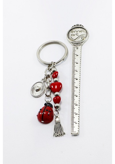 El Yapımı Cam Uğur Böcekli Salkım Kalpli Anahtarlık, Yeni Çanta S