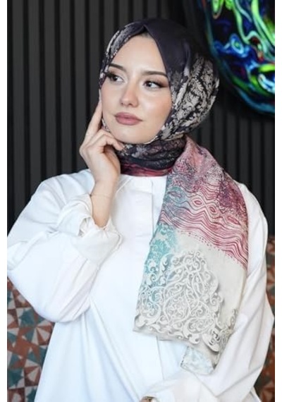 Dalgalı Desen Yeşil Soft Pamuk Şal Pudra Açik Gri
