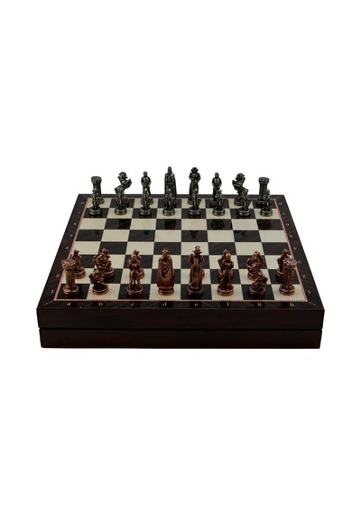 Orta Boy Metal İngiliz Satranç Takımı Antik Ve Ceviz Desenli Sandıklı Mdf Tahtası 36x36x6 Cm.