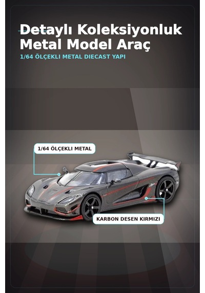 1/64 Siyah Karbon Fiber Kırmızı Detaylı Koenigsegg Agera Rs Diecast Model Araba Bx-313337