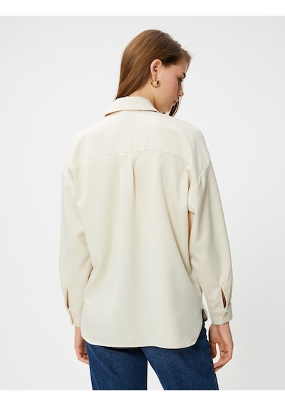 Koton Oversize Gömlek Cep Detaylı Uzun Kollu Bej 4wak60003pw 4WAK60003PW050 Ekru