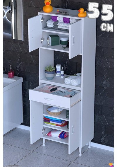 Arda 55 Cm 4 Kapaklı 7 Raflı Ve Çekmeceli Çok Amaçlı Banyo Dolabı 55 Cm