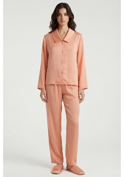 Amoris Somon Uzun Saten Pijama Takımı