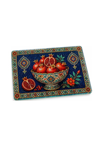 Gökçeoğlu Cam Kesme Tahtası Otantik Nar Motifi Temalı - Cam Kesme Tablası 30cm X 40cm Çok Renkli