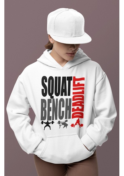 Sevbano Squat Bench Deadlift Bodybuilding Fitness Gym Baskılı Unisex Over beyaz