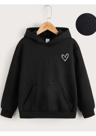 Moda Assema Çocuk Unisex Kapüşonlu Çizgi Kalp Baskılı Sweatshirt - Siyah Çok Renkli