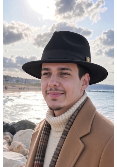 Mollycrush Erkek Kışlık Şık Siyah Fötr Şapka Geniş Siperli Kemer Detaylı Keçe Fedora Siyah