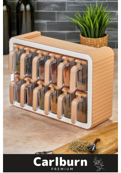 Premium Modern Pratik Bölmeki Şeffaf Mutfak Tezgah 12li Standlı Ölçü Kaşıklı Plastik Baharatlık Seti Çok Renkli