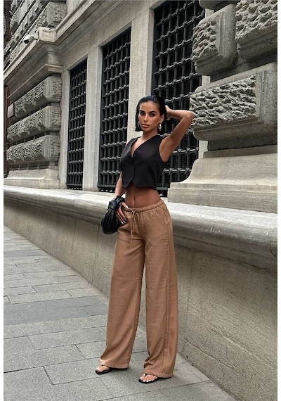 HLT Jeans Kadın Açık Kahve Baggy Beli Lastikli Keten Görünümlü Pantolon Emily-3015 Kahverengi
