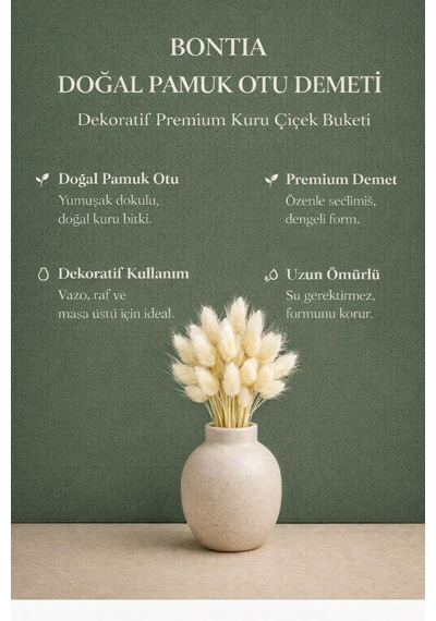 Doğal Pamuk Otu Demeti Dekoratif Kuru Çiçek, Uzun Ömürlü Premium Lagurus Doğal Renk