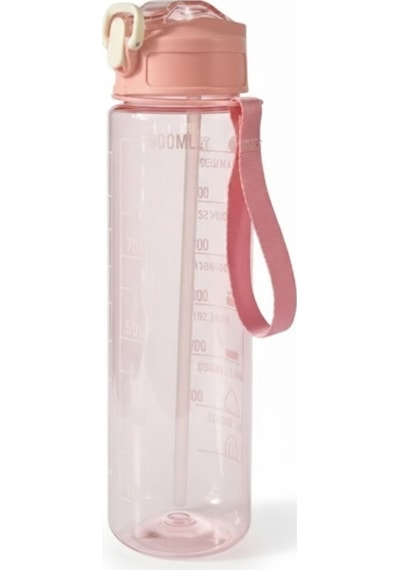 Pembe, Şeffaf Pipetli Matara 900 Ml, Sızdırmaz Kapaklı Suluk Pembe Plastik Diğer